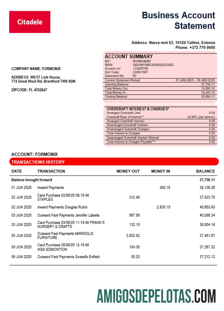 Imprimível Citadele Banka Eesti Branch AS Business Account Statement Word And PDF model